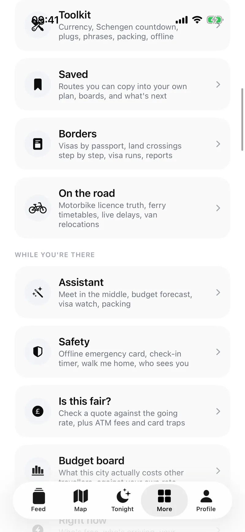 The tool list, grouped into Before you go and While you're there.