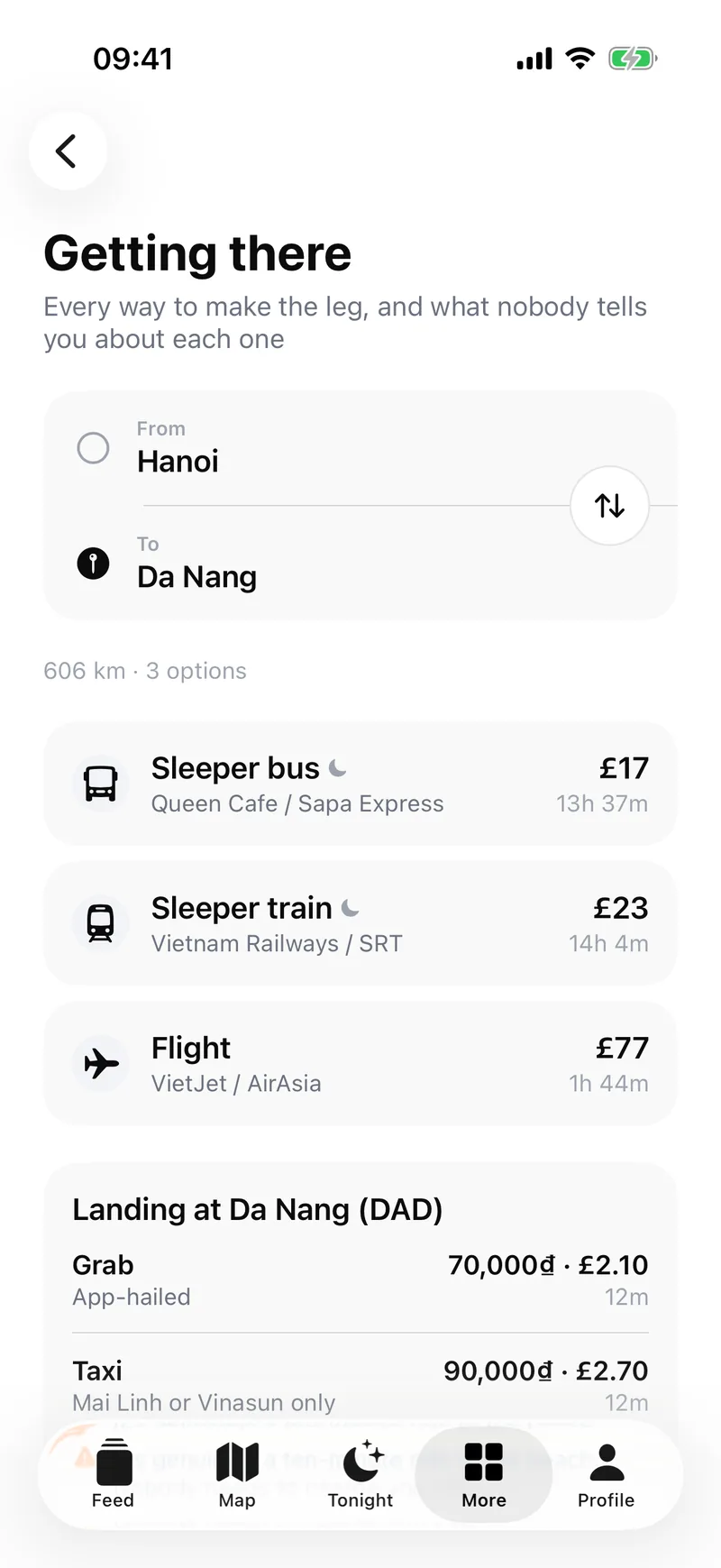 Hanoi to Da Nang by sleeper bus, train or flight, with the cost of landing.