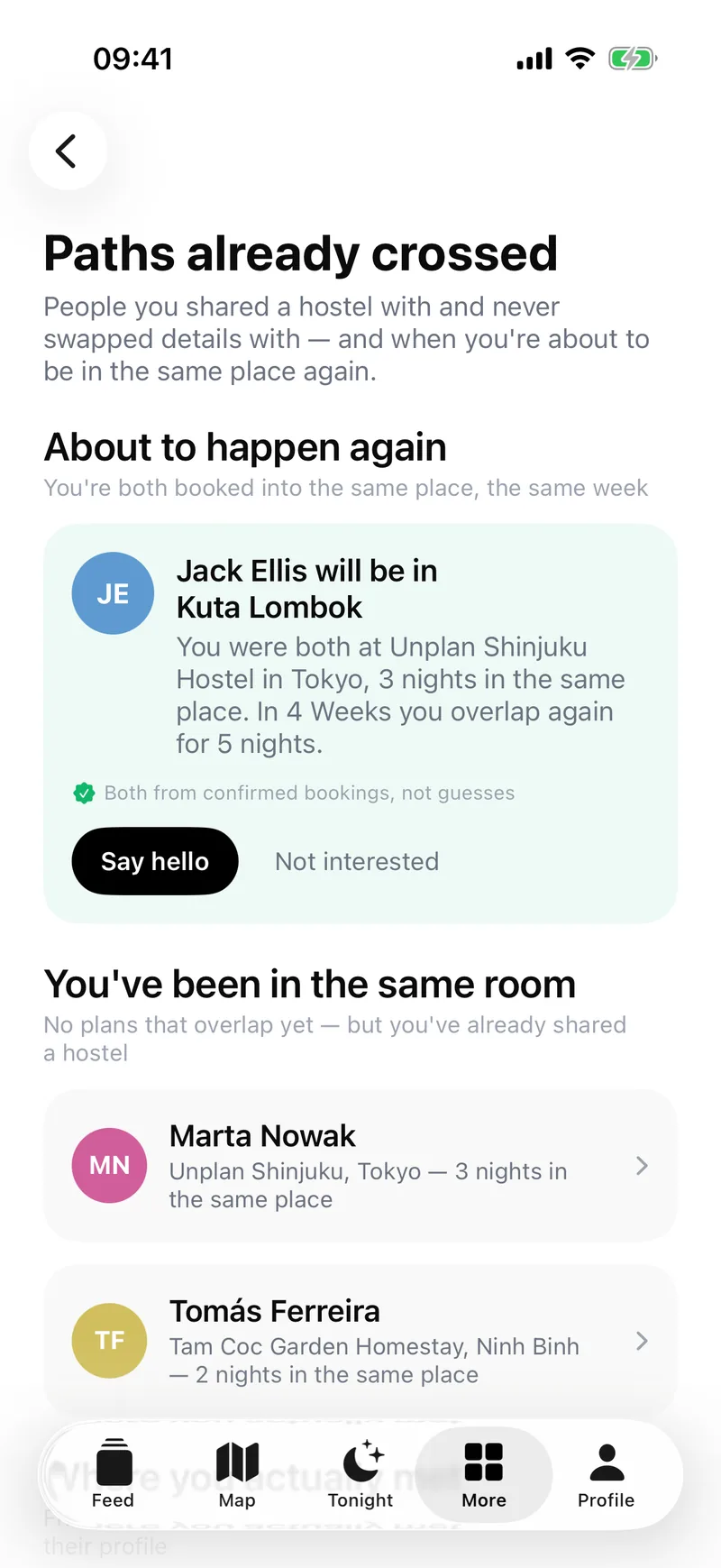 Paths already crossed — someone you shared a hostel with is booked into the same place again.