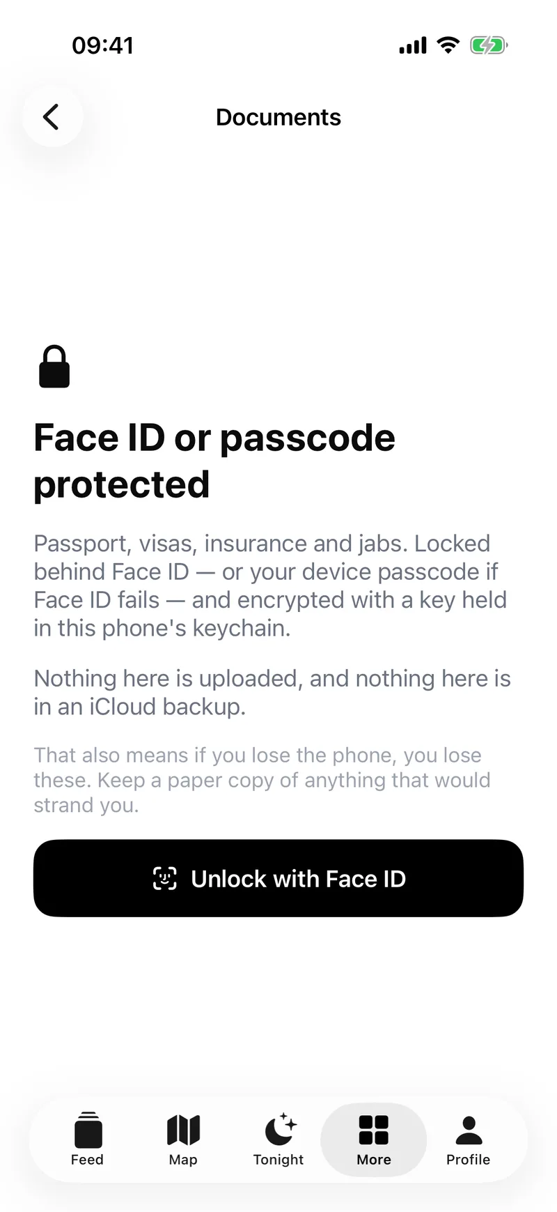 Documents, locked — Face ID or passcode protected, encrypted on the device.