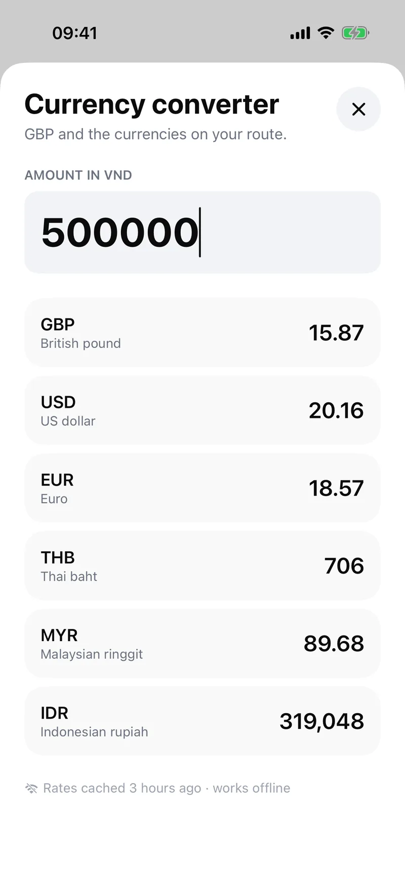 The currency converter, showing 500,000 dong in every currency on the route.