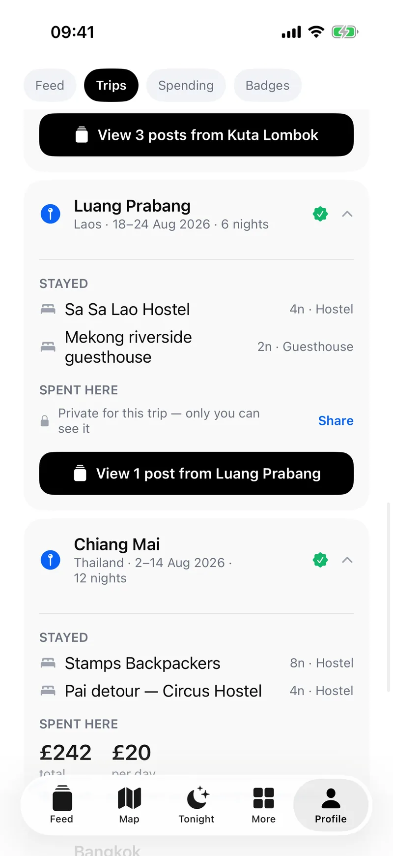 Profile — every trip, with nights, beds and what was spent.
